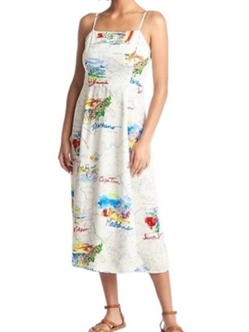 Gap World Traveler White Map Print Vacation Fit & Flare Cami Midi Dress Size XS